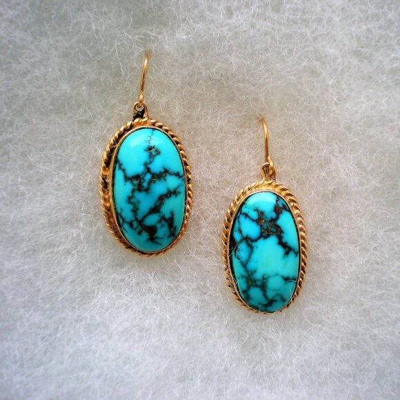 Vintage Native American 14K Yellow Gold Turquoise Dangle Drop Pierced Earrings - Picture 2 of 5